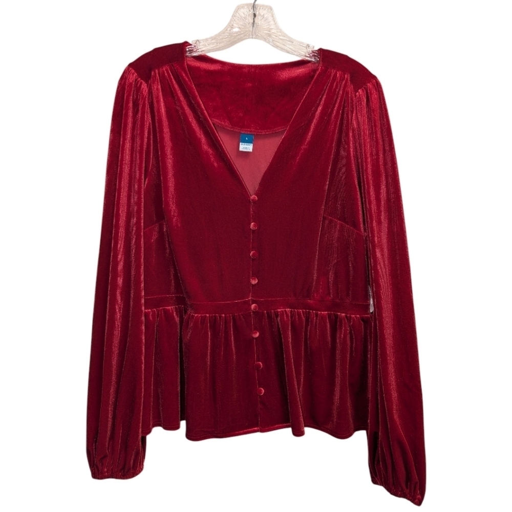 Old Navy Red Velvet Blouse V Neck Peplum Button Down Holiday Long Sleeve - Picture 2 of 3